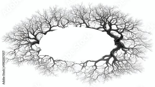 Bare trees form an oval frame, intricate branches spreading outward