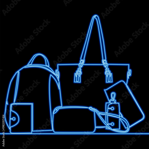 Collection of various women handbags showcasing fashion styles and accessories icon neon glow vector illustration concept