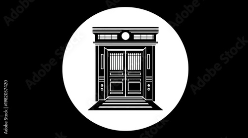 Stylized doorway graphic with stairs on a white circle in a black background