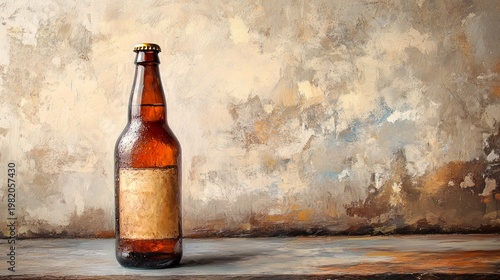 A beer bottle with droplets on a textured wall conveys a sense of simplicity, creating an atmospheric backdrop for everyday still lifes.