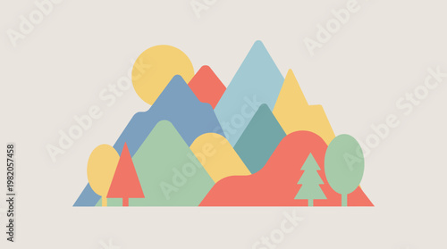 This illustration displays a colorful, abstract mountain landscape, evoking feelings of nature, serenity, and adventure, perfect for creative projects.