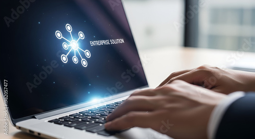 Artificial Intelligence Technology Concept with Laptop and Holographic Digital Interface, Data Analytics, Coding, Cyber Security, Machine Learning, Futuristic Business Innovation, Modern Digital Works