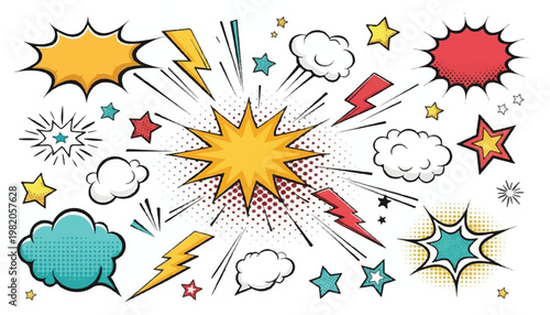 Collection of comic book explosion sound effects and speech bubbles with explosion elements illustration lightning dialogue energetic background