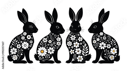 Three cute black rabbits with flowers.
