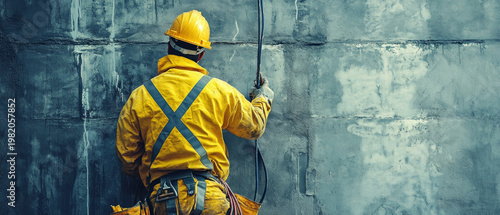 A builder in a yellow hard hat, standing by a concrete wall, demonstrates his hard work, creating a motivational backdrop for the construction work.