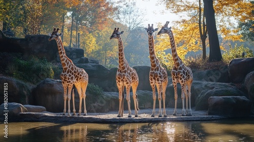Giraffes by the water’s edge, amidst the autumnal trees, exude grace, providing an inspiring backdrop for the animal world.