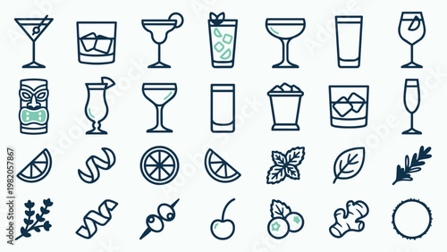 Cocktail and Barware Icon Set with Various Glasses and Garnishes
