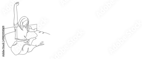 A woman stretches in bed reaching upwards with one arm