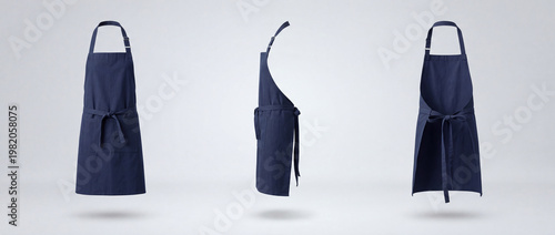 Navy Blue Apron Mockup in Three Views for Kitchen or Workwear.