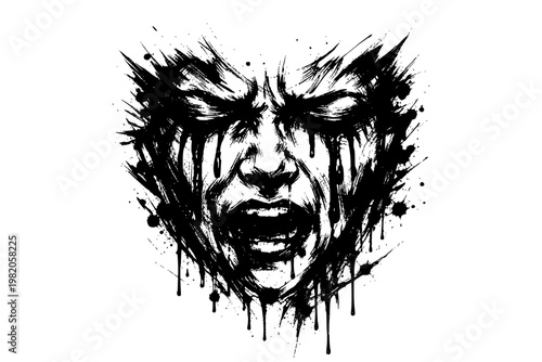 Ink Face Illustration, Black ink human face with intense expression, surrounded by splattered brush strokes.