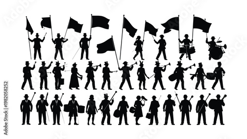 Black silhouettes of people protesting with flags.