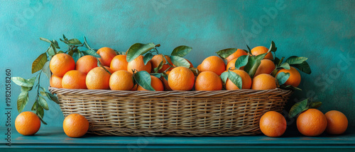 A basket filled with bright oranges and green leaves conveys a sense of freshness, creating an atmospheric backdrop for fruit still lifes.