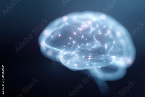 A 3D glowing brain with circuit lines, mental health and AI medicine concept