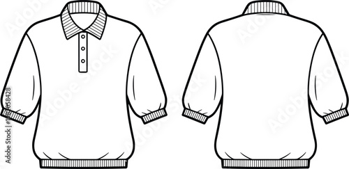 Front and Back Line Art Illustration of a Long- Sleeved Polo Shirt clothing apparel