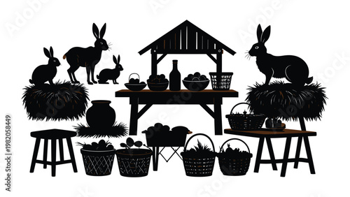 Black silhouette of rabbits on haystacks with baskets and farm tools.
