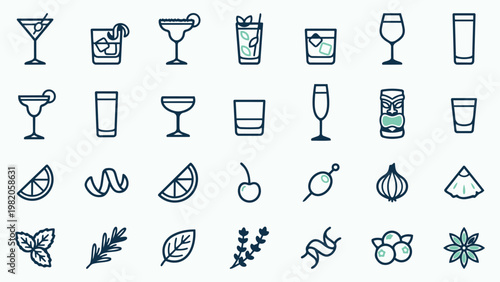 Minimalist Bar and Mixology Icons Featuring Glassware and Garnishes