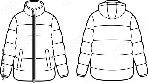 Front and back view of a hooded puffer jacket with horizontal quilting Keywords: jacket, puffer jacket, coat, outerwear, clothing, apparel
