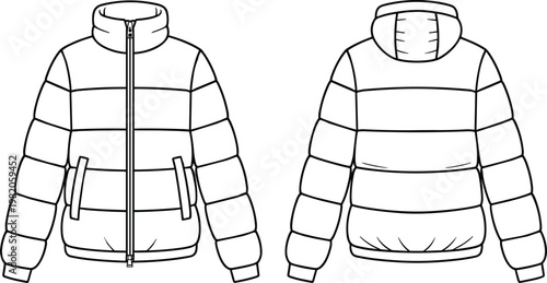 Front and back view of a hooded puffer jacket with horizontal quilting Keywords: jacket, puffer jacket, coat, outerwear, clothing, apparel