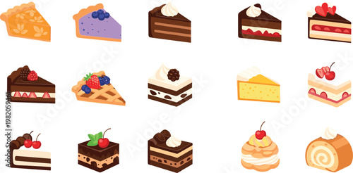 Illustration of Various Cake and Dessert Slices with Whipped Cream and Fruits