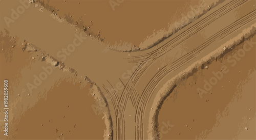 Overhead View of Dirt Road Fork with Tire Tracks Vector
