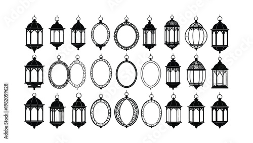 Collection of lanterns and decorative hangings.