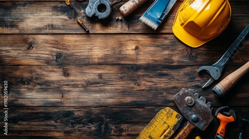 The tools and hardhat laid out on the wooden table showcase craftsmanship, creating an inspiring backdrop for construction projects.
