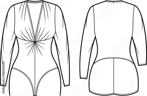 Front and back view of a long-sleeved bodysuit with a ruched V-neckline Keywords: bodysuit, lingerie, underwear, fashion, clothing