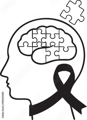 Alzheimer Awareness Brain Puzzle Ribbon, Memory Loss Awareness Head Vector