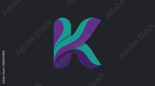 This striking letter K design features flowing waves in vibrant purple and teal colors, serving as a modern and artistic representation of creativity and brand identity.