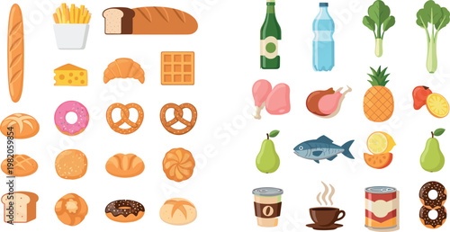 Illustration of Various Foods Including Bread, Fruits, Beverages, and Snacks