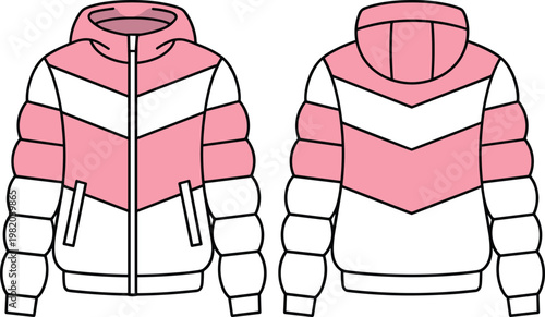 Front and back view of a pink and white chevron pattern puffer jacket fashion illustration outerwear