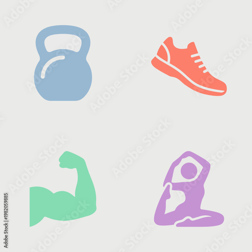 A collection of fitness icons depicting strength, balance, and movement, emphasizing the importance of physical health and wellbeing in today's fast-paced lifestyles and wellness trends.