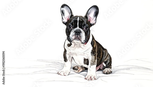 Sitting puppy with brindle markings, prominent ears, and a striped face, set against a minimalist white backdrop