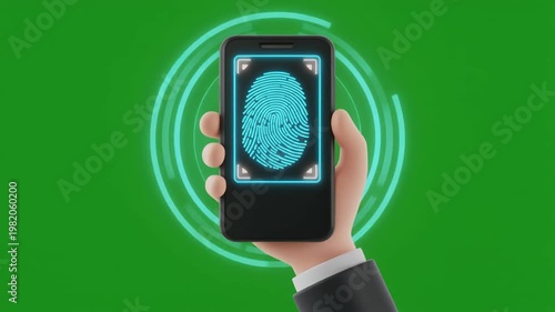 Hand holding smartphone with glowing fingerprint scan, abstract visualization of biometric authentication and mobile security.