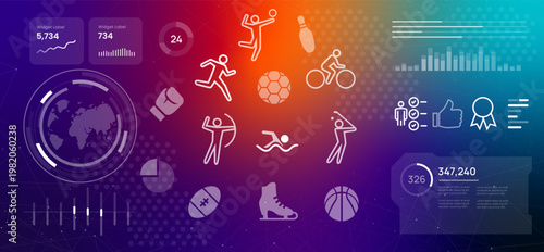sports science and data analytics athlete icons and digital infographic performance charts for professional training and fitness statistics global sports technology industry