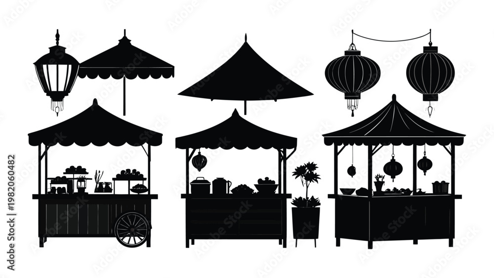 Naklejka premium Black silhouettes of Asian street food stalls.