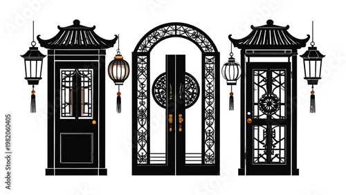 Traditional Chinese ornamental gate and lanterns.