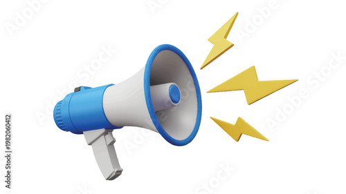 blue and white megaphone with yellow lightning bolts coming out  loudspeaker