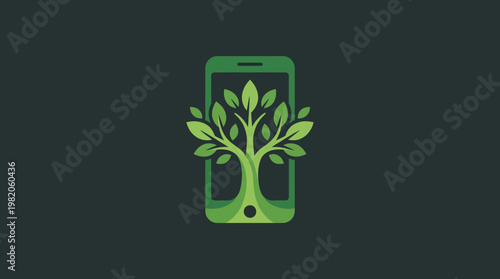 This logo highlights a tree emerging from a smartphone, symbolizing the integration of technology with nature and sustainability in the modern world and its applications.