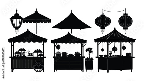 Black silhouettes of Asian street food stalls.