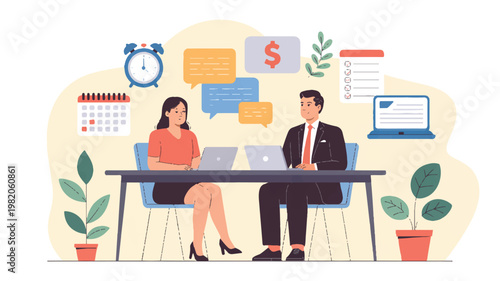 Business people working on laptops at office desk with calendar clock and plants around them