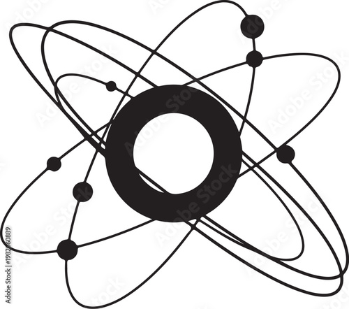Atom, atomic structure, black and white icon, science symbol, educational illustration