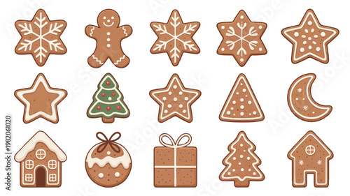 christmas gingerbread cookies in various shapes on white background