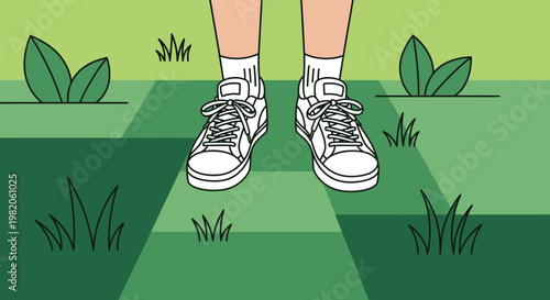 Person's Feet in White Sneakers Standing on Green Grass Outdoors