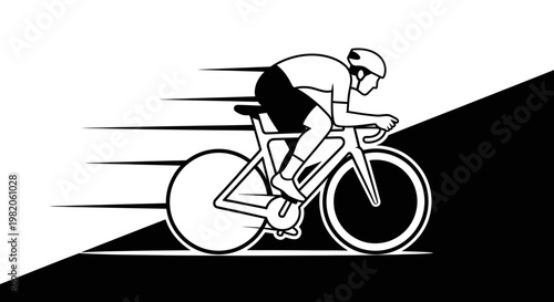 Dynamic Cyclist in Motion with Speed Lines, Black and White Illustration