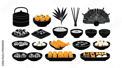 A variety of sushi and Japanese food items.