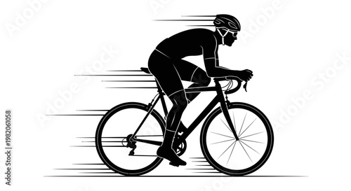 Dynamic Male Cyclist Silhouette in Motion with Speed Lines, Black and White Illustration