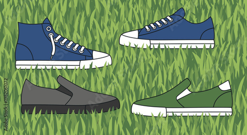 Various casual shoes including blue sneakers and green slip-ons, resting on vibrant green grass in an outdoor setting, symbolizing relaxation and summer fashion.