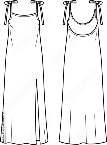 Line Art Slip Dress with Tie Straps and Slit Front and Back Views maxi dress