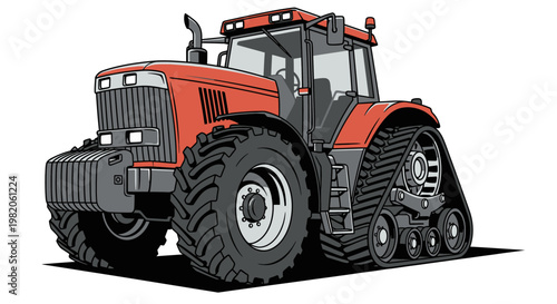 Large red agricultural tractor with crawler tracks, powerful farm machinery, isolated white background